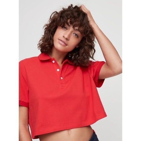 Aritzia TNA Red Jana Cropped Short Sleeve Polo Top XS - Picture 3 of 7